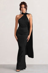 Black Satin Asymmetric Scarf Neck Backless Maxi Dress